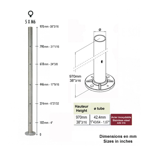 Poteau 42,4mm de dpart taraud montage cble ou rond plein INOX316 Poteaux ronds acier inox 3