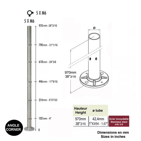 Poteau 42,4mm d`angle taraud montage cble ou rond plein INOX316 Poteaux ronds acier inox 316