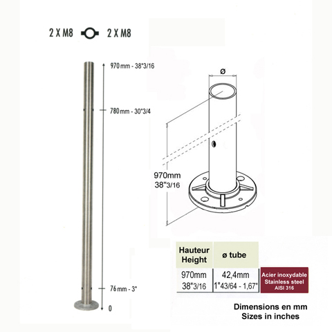 Poteau 42,4mm intermdiaire taraud montage verre INOX316 Poteaux ronds acier inox 316 Poteaux