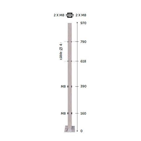 Poteau 40x40mm intermdiaire montage pour cble traversant 4mm et verre INOX316 Poteaux carrs