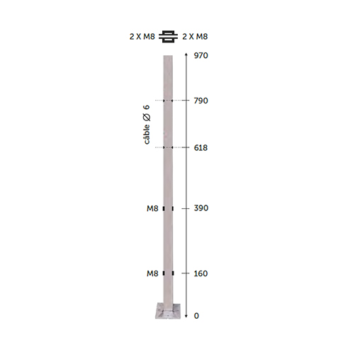 Poteau 40x40mm intermdiaire montage pour cble traversant 6mm et verre INOX316 Poteaux carrs