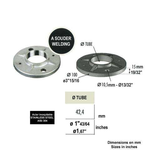 Bride - platine de fixation pour poteau 42,4 INOX304 Platine INOX 304 Embases pour poteaux