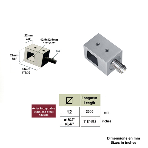 Accessoires Inox Connecteur en applique pour carré de 12x12mm et tube 40x40mm