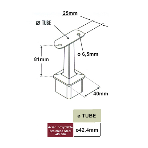 Support de main courante 42,4mm et poteau 40x40mm INOX316 Support pour poteau inox 316 Support