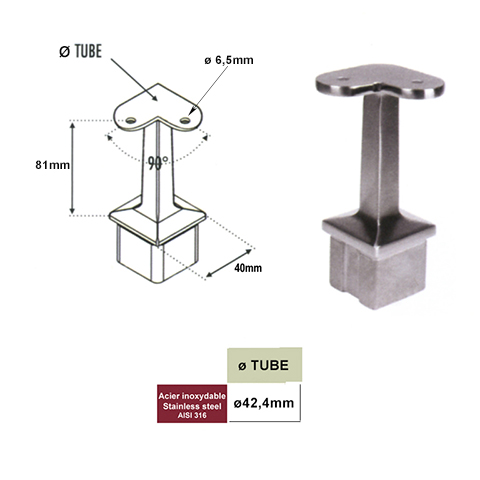 Support d`angle 90 de main courante 42,4mm et poteau 40x40mm INOX316 Support pour poteau inox