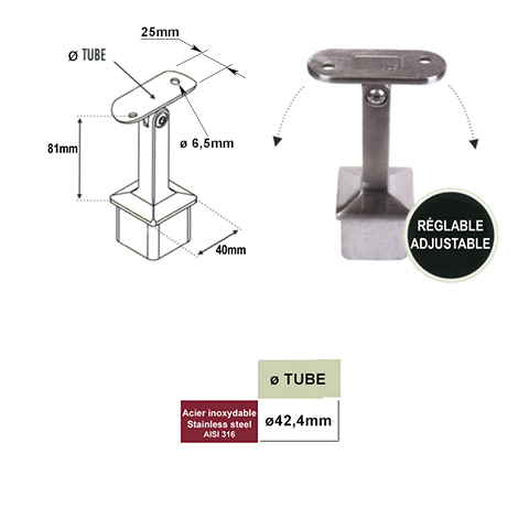 Support pivotant de main courante 42,4mm et poteau 40x40mm INOX316 Support pour poteau inox 31