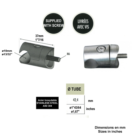Pince  tle 42,4mm pour profil d`encadrement 10mm INOX304 Profil, raccord et pinces Encadrem