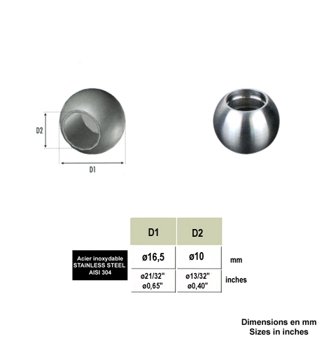 Boules pleines INOX304 16,5mm avec trou borgne 10mm Boules de finition pour rond Boules embou