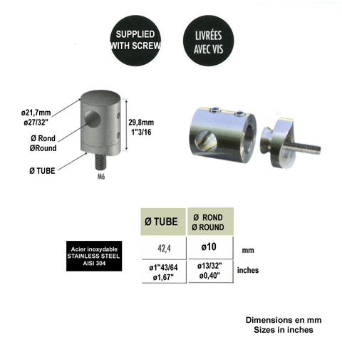 Connecteur en applique pour rond 10mm et tube 42,4mm Pour tube ou poteau inox 304 Connecteur 