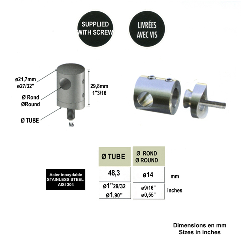 Connecteur en applique pour rond 14mm et tube 48,3mm Pour tube ou poteau inox 304 Connecteur 