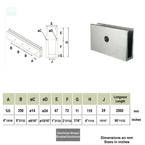 Profil aluminium pour garde coprs fixation  l`anglaise verre 12,76mm Pices pour fixation  l`