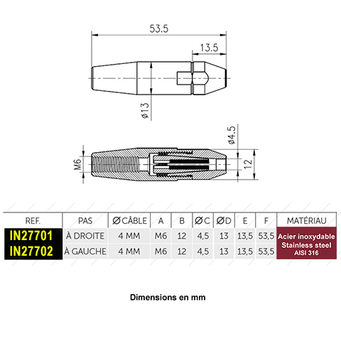 Tendeur inox  visser M6 pas  droite ou gauche pour cble 4mm Fixation manuelle pour cable  i