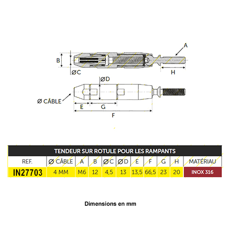 Tendeur sur rotule inox 316  visser M6 pour rampants d`escaliers Fixation manuelle pour cable 