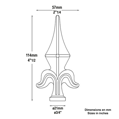 Fer de lance- Pointe de lance 114mm  collerette 21mm au dessin fleur de lys fer forg collerett