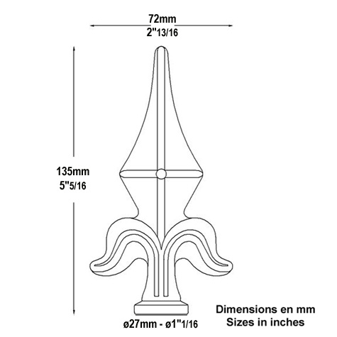 Fer de lance - Pointe de lance 135mm collerette 27mm fleur de lys raccordement  souder Fleur d