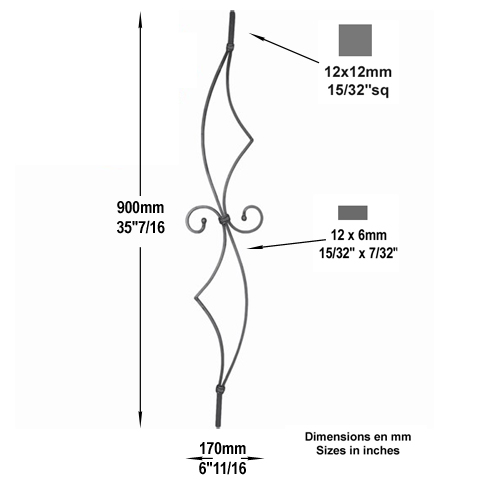 Balustre assembl H900mm 12x12mm Acier artdco Balustre