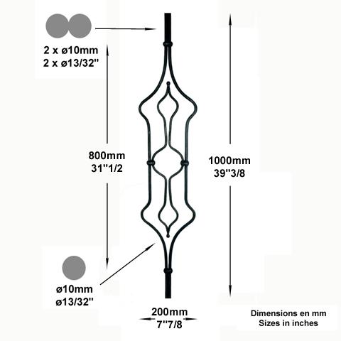 Balustre artdco H1000mm 2x10mm Acier artdco Balustre