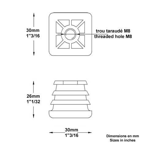 Bouchon nylon 30x30mm taraud M8 pour tube carr paisseur entre 1 et 3 mm Perc Bouchon plasti