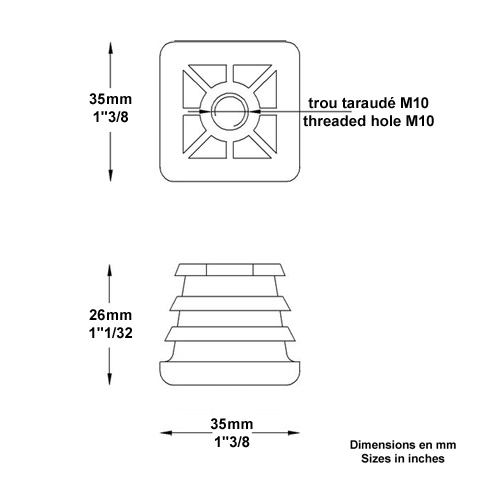 Bouchon nylon 35x35mm taraud M10 pour tube carr paisseur entre 1 et 3 mm Perc Bouchon plast