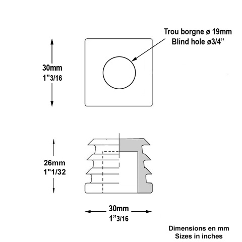 Bouchon nylon 30x30mm alsage borgne 19mm pour tube carr paisseur entre 1 et 3 mm Perc trou