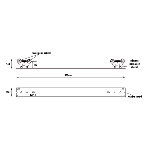 Systme 2 chariots de guidage rail 68x68mm pour portails autoportant 5m Chariot de guidage Auto