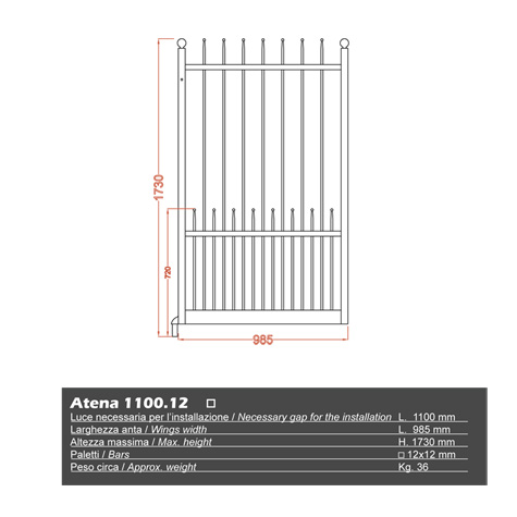 Portillon ATENA 1,1m 12x12mm avec poteaux AVEC ou SANS poteaux 12x12 Portillon ATENA