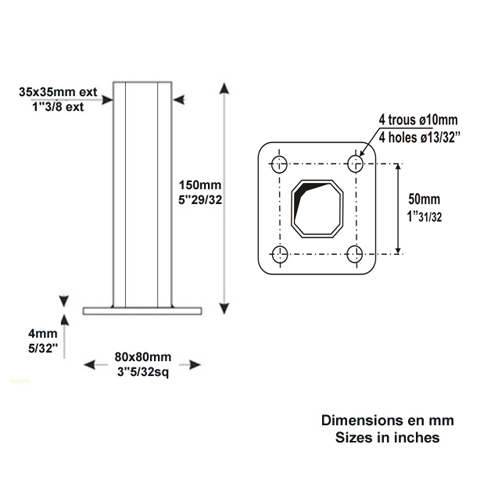 Pied-platine tube 35x35mm embase 80x80mm pour tube 40x40mm aluminium pices dtaches Main cour