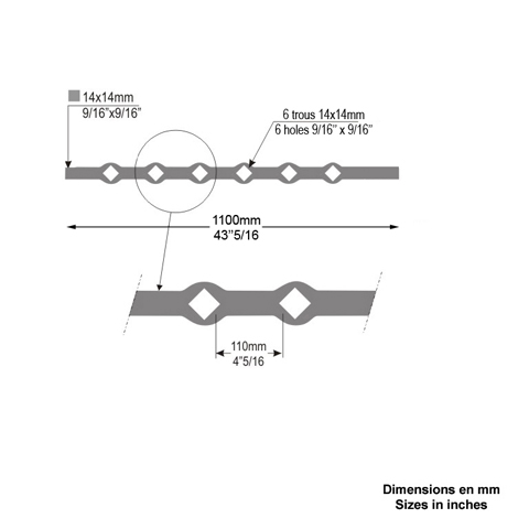 Barres 14x14mm 6 trous losange 14x14mm renfls longueur 50cm pour grilles de dfense Barre  tr