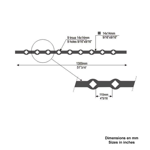 Barres 14x14mm 9 trous losange 14x14mm renfls longueur 1300mm pour grilles de dfense Barre  