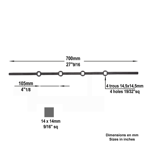 Barre acier 14x14mm 700mm  4 trous renfls droits de 15x15mm Barre  trous renfls Profil bar
