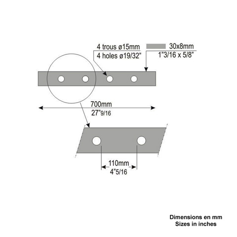 Barre acier 0,7m 30x8mm poinonne de 4 trous ronds 15mm Barre poinonne Profil barre troue