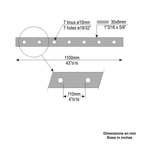 Barre poinonne 30x8mm 7 trous 15mm longueur 110cm pour grilles de fentres Barre poinonne 