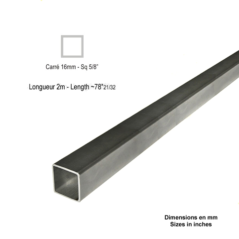 Barre profile tube 16x16mm longueur 2m carr lisse acier lamin brut Lisse Tube carr lisse