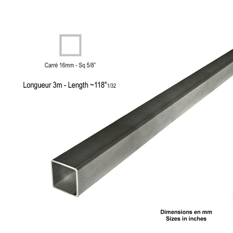 Barre profile tube 16x16mm longueur 3m carr lisse acier lamin brut Lisse Tube carr lisse