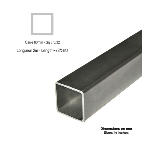 Barre profile tube 80x80mm longueur 2m carr lisse acier lamin brut Lisse Tube carr lisse